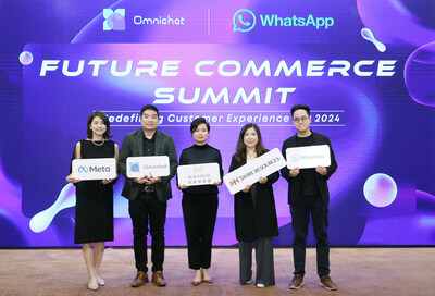 (from left) Ashley Guo, Strategic Partnerships of Meta; Alan Chan, Founder and CEO of Omnichat; Lucy Cheung, Director of Group Marketing and Corporate Communications of Miramar Group; Christine Tam, Senior E-commerce Manager of Swire Resources Limited; Pak Hui, Chief Operating Officer of Omnichat officiated at the opening ceremony of the Summit.