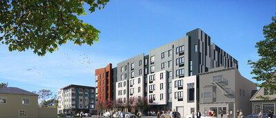 Rendering of Longfellow Corner, an affordable and transit-oriented housing community in Oakland, CA, developed by Resources for Community Development (RCD) and designed by SVA Architects.  Image courtesy SVA Architects.