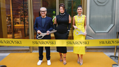 From left to right: Alexis Nasard (Swarovski CEO), Ashley Graham (model), and Giovanna Engelbert (Swarovski Creative Director)
