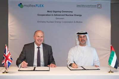 MoltexFLEX CEO David Landon (left) signs the MoU with ENEC CEO His Excellency Mohamed Al Hammadi