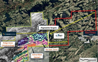 Aeromagnetic image of Adina Project showing gravity targets, Liberty property boundaries and Rio Tinto-Midland Iceberg Showing high grade samples (CNW Group/Comet Lithium Corp.)