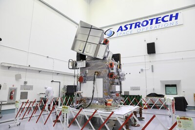 Technicians work to process NASA's Plankton, Aerosol, Cloud, ocean Ecosystem (PACE) observatory on an Aronson Tilt Table in a high bay at the Astrotech Space Operations Facility near the agency's Kennedy Space Center in Florida on Monday, Dec. 4, 2023. Credit: NASA