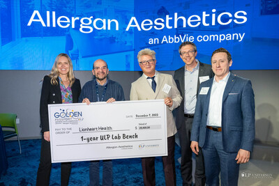Golden Passport Pitch Competition sponsored by Allergan Aesthetics, an AbbVie Company.  (L-R) Carrie Strom, Senior Vice President, AbbVie and President, Global Allergan Aesthetics; Dr. Jorge Genovese, Vice President Bioelectric Research, Lionheart Heath; Howard Leonhardt, Founder & CEO Lionheart Health; Dr. Darin Messina, Senior Vice President, Aesthetics R&D, AbbVie; and Adam Finegan, Director, Search and Evaluation, Allergan Aesthetics.