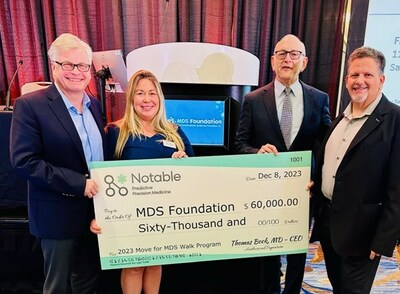 Caption: Notable hands $60,000 check to MDS Foundation. From left to right: Thomas A. Bock, MD, CEO, Notable; Tanya Rhodes, Director of Development, MDS Foundation; Stephen D. Nimer, MD, Chairman MDS Foundation Board of Directors, Chris Leonardi, Director of Alliances, Notable.