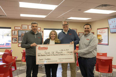 Pictured L to R: Andrew Thengvall, Freddy's Chief Development Officer & Chief Legal Officer; Jenn Stephens, Folds of Honor Corporate Impact Officer; Chris Dull, Freddy's Chief Executive Officer; Brian Wise, Freddy's Chief Operating Officer