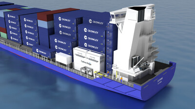 Rendering of small capacity version of Carbon Ridge's full-scale carbon capture system aboard Crowley's Storm containership.