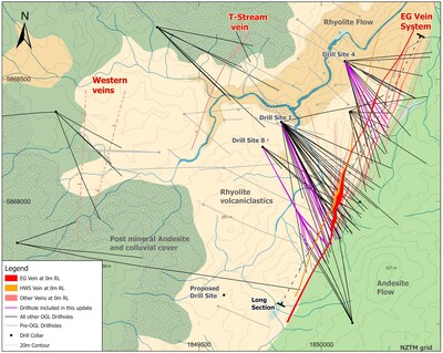 Figure 2: Wharekirauponga plan view of geology, drill traces and distribution of vein zones (CNW Group/OceanaGold Corporation)