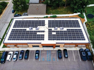 Aerial of Navigate Office Center, the first Zero Energy Building in Missouri, highlighting solar array