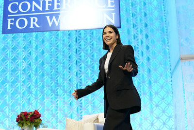BOSTON, MASSACHUSETTS - DECEMBER 14: America Ferrera, Emmy, Golden Globe & SAG award-winning Actress, Director, Producer speaks on stage during 2023 Massachusetts Conference For Women at Boston Convention and Exhibition Center on December 14, 2023 in Boston, Massachusetts. Radhika Jones, Editor-in-Chief, Vanity Fair looks on. (Photo by Marla Aufmuth/Getty Images for Massachusetts Conference For Women)