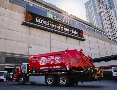 A WIN Waste Innovations electric trash truck in front of TD Garden in Boston, Mass. WIN Waste is the first company to launch electric trash trucks that run on the waste they collect. The WIN Waste electric trucks are servicing customers in areas of downtown Boston. WIN Waste Innovations is the official waste services provider of TD Garden, Gillette Stadium, the New England Patriots, the Boston Bruins, and the New England Revolution. Learn more at winwaste.boston.