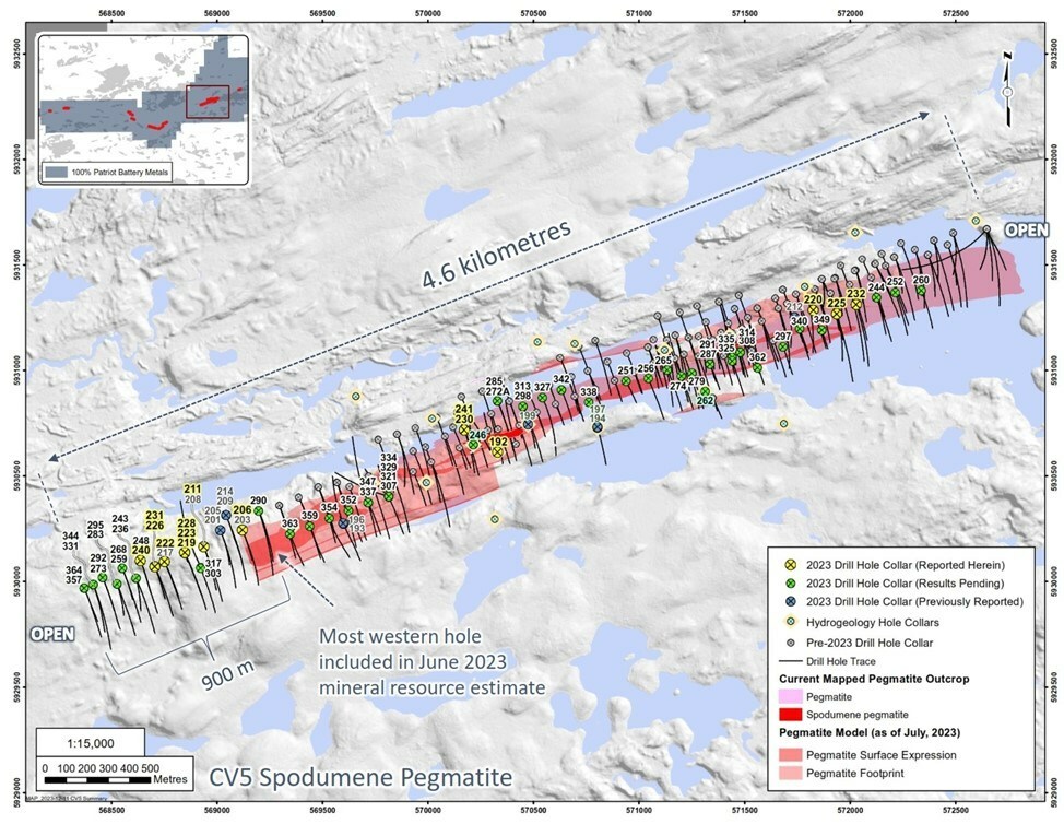 Figure 3: Drill holes completed through 2023 at CV5 Spodumene Pegmatite. (CNW Group/Patriot Battery Metals Inc)