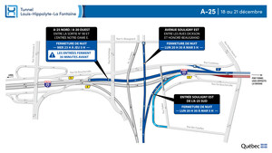 Réfection majeure du tunnel Louis-Hippolyte-La Fontaine - Fermeture complète de l'autoroute 25 en direction de Montréal durant la nuit du 20 au 21 décembre