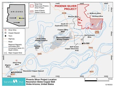 Figure 1 - Phoenix Silver location map showing the location of the new claims staked, regional magnetic anomalies (magnetic vector inversion (MVI) component W) as well as selected silver and copper mines and exploration projects. Magnetic contours are .0002, .0004, .0008, .0016 .0032 .0064 .0128 in SI units. (PRNewsfoto/Silver One Resources Inc.)