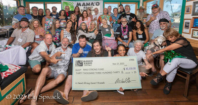 Volunteers from Mana'o Radio celebrate a large donation to the HCF Maui Strong Fund to aid with wildfire relief efforts. Volunteers from Mana'o Radio celebrate a large donation to the HCF Maui Strong Fund to aid with wildfire relief efforts.