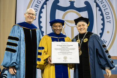 Womack is presented with an honorary doctorate in philosophy by Provost Steve McLaughlin (left) and President Ángel Cabrera (right). Photo Credit: Georgia Tech