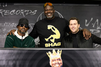 Shaq (middle) and host Adam Lefkoe (right), with retired Miami Heat star Udonis Haslem, after recording episode 1 of The Big Podcast with Shaq.