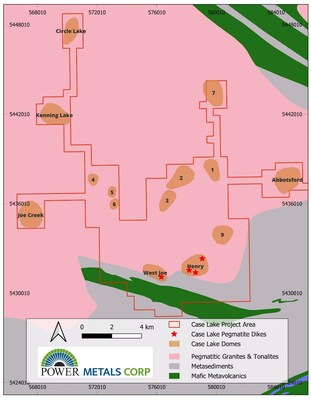 Figure 1 - Case Lake property map showing spodumene bearing LCT pegmatite dikes & regional distribution of pegmatite bearing tonalitic domes. (CNW Group/POWER METALS CORP)