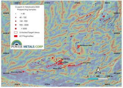 Figure 3 – Case Lake property map showing Cs (ppm) in rock samples and location of untested target areas. (CNW Group/POWER METALS CORP)