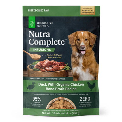 Dr. Gary Richter, introduces Ultimate Pet Nutrition Nutra Complete Infusionstm, a new line of freeze-dried raw adult dog food infused with bone broth.

Duck with Organic Chicken Bone Broth Recipe is the first product of the Nutra Complete Infusionstm dog food line. This delicious dog food is a complete and balanced veterinarian-developed blend of protein-packed duck, seeds, minerals, fruits, vegetables, and vitamins ? freeze-dried raw for maximum nutrition and flavor.