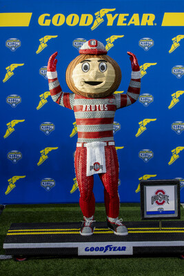 Ahead of the 88th Goodyear Cotton Bowl Classic, Goodyear continues its tradition of creating life-size tire sculptures of the participating teams’ mascots. The Ohio State University's mascot, Brutus Buckeye, constructed from 120 Goodyear-branded tires, reaches towards the sky at more than six feet tall and 185 pounds is seen on Tuesday, Dec. 26, 2023 in Arlington, Texas. (Brandon Wade/AP Images for Goodyear)