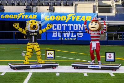 A tradition since 2015, Goodyear honors the competitors of the 88th Goodyear Cotton Bowl Classic, University of Missouri and The Ohio State University, with intricate, handcrafted sculptures of their mascots made collectively from 280 Goodyear-branded tires by artist Blake McFarland are seen on Tuesday, Dec. 26, 2023 in Arlington, Texas. Sculptures will be donated to the respective schools following the game on Friday, Dec. 29 at AT&T Stadium in Arlington, Texas. (Brandon Wade/AP Images for Goodyear)