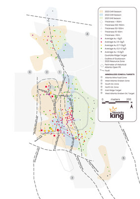 Figure 1. Areal distribution of holes reported to date by Nevada King within and around the 2020 Gustavson resource zone showing progression of drilling by year. Holes are color and shape coded to illustrate gold grade and thickness of drill intercepts. (CNW Group/Nevada King Gold Corp.)
