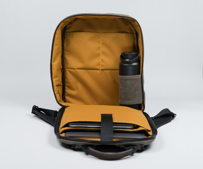 Main compartment includes padded laptop and tablet pockets, two open pockets, and a water-bottle sash.