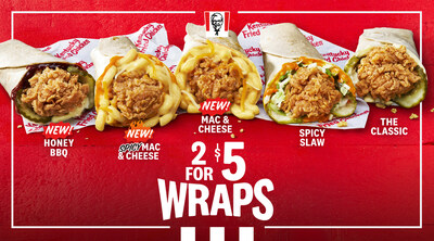 To kick off the new year, Kentucky Fried Chicken is adding new Honey BBQ and Spicy Mac & Cheese Chicken Wraps to its KFC Wraps lineup ? giving fans a total of FIVE new wraps to try at just 2 for $5 at participating locations. Tax, tips and fees extra.
