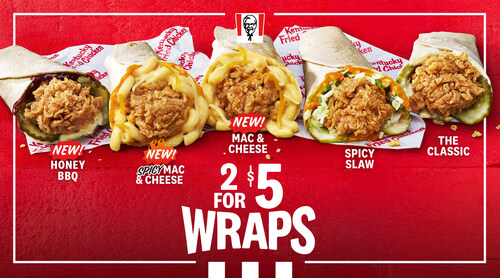 To kick off the new year, Kentucky Fried Chicken® is adding new Honey BBQ and Spicy Mac & Cheese Chicken Wraps to its KFC Wraps lineup – giving fans a total of FIVE new wraps to try at just 2 for $5 at participating locations. Tax, tips and fees extra. To kick off the new year, Kentucky Fried Chicken® is adding new Honey BBQ and Spicy Mac & Cheese Chicken Wraps to its KFC Wraps lineup – giving fans a total of FIVE new wraps to try at just 2 for $5 at participating locations. Tax, tips and fees extra.