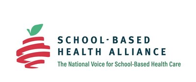 Logo for the School-Based Health Alliance with a stylized red apple with green leaf and the tagline 