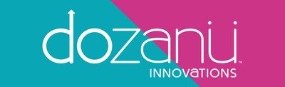White dozan innovations logo showing on a teal and pink split background.