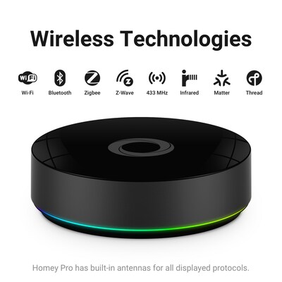 Homey Pro features eight wireless technologies:  WiFi, Bluetooth, Zigbee, Z-Wave, 433MHz, Infrared, Matter & Thread