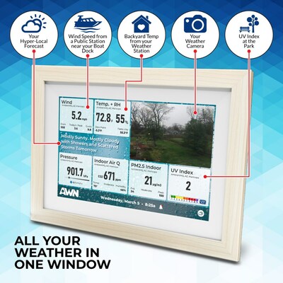 View all your weather in one window! With a vibrant LCD, the highly configurable AWN Weather Window displays personalized weather information from your dashboard and any public AWN dashboard.