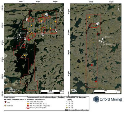 Figure 3: New Prospective LCT Pegmatite Targets areas based on lithium values in till on kWatt & Wire properties (CNW Group/Orford Mining Corporation)