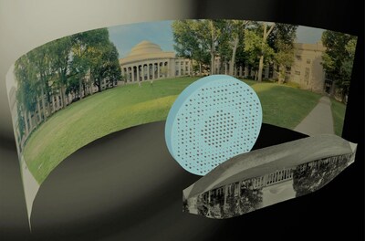 2Pi Optics' wide-field-of-view metalens captures a 180° panorama of MIT’s Killian Court, producing a high-resolution monochromatic flat image. Credit: MShalaginov, TGu, CDaniloff, FFrankel, JHu.
