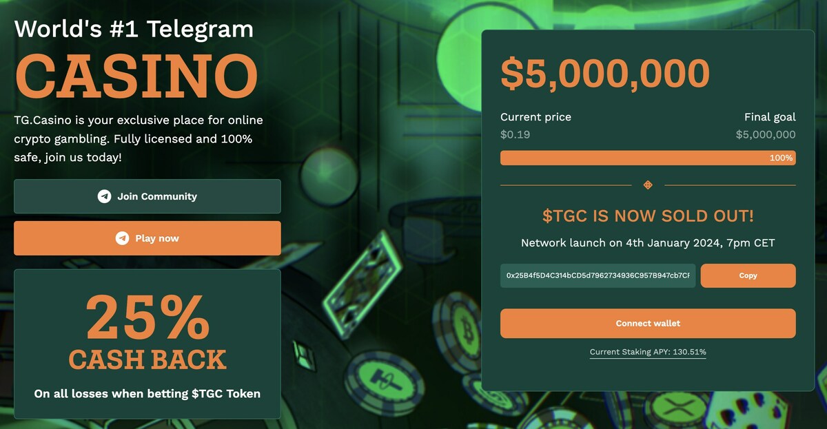 Telegram Crypto Innovator TG.Casino $TGC Token Launches on DEX Today at 6pm UTC