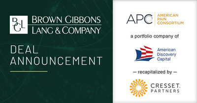 Brown Gibbons Lang & Company (BGL) is pleased to announce the recapitalization of American Pain Consortium (APC) by Cresset Partners, Cedar Pine, and American Discovery Capital. BGL’s Healthcare & Life Sciences investment banking team served as the exclusive financial advisor to APC in the transaction. The specific terms of the transaction were not disclosed.