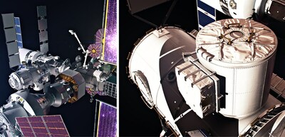 NASA and the Mohammed Bin Rashid Space Centre (MBRSC) have entered into an agreement for MBRSC to provide the Crew and Science Airlock module for the Gateway Space Station. As part of the agreement, NASA will fly a United Arab Emirates astronaut to Gateway on a future Artemis mission. Pictured is an artist’s concept of Gateway (left) and an artist’s concept of a government reference airlock (right). Credits: NASA