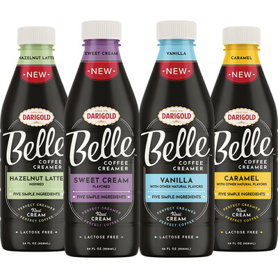 Darigold's new Belle Creamers feature four delicious flavors -- Vanilla, sweet Cream,  Hazelnut Latte, and Caramel -- all made with just five ingredients, including real cream. Darigold believes the new creamer brand will compete well in the $6 billion coffee whitener space.