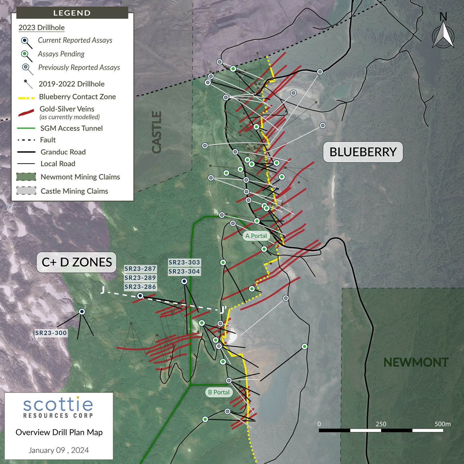 Figure 1: Overview plan view map of the Scottie Gold Mine Project depicting the positioning of the Blueberry Contact Zone and its sulphide-rich cross-structures relative to the C and D Zones and modelled structures in the reported drilling. (CNW Group/Scottie Resources Corp.) Figure 1: Overview plan view map of the Scottie Gold Mine Project depicting the positioning of the Blueberry Contact Zone and its sulphide-rich cross-structures relative to the C and D Zones and modelled structures in the reported drilling. (CNW Group/Scottie Resources Corp.)