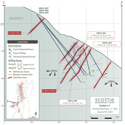 Figure 3: Cross-section displaying vein and contact style intercepts highlighted by the recent intercepts in D Zone drill holes. (CNW Group/Scottie Resources Corp.)