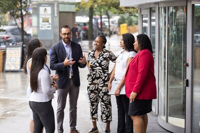 Kevin Fiori, M.D., M.P.H., M.S., director of the Community Health Worker Institute (CHWI) at Montefiore and Renee Whiskey-LaLanne, M.P.H., MCHES, AE-C, associate director, CHWI, meet up with CHWs outside a neighborhood clinic before appointments with Bronx patients. (Photo by Jason Torres)