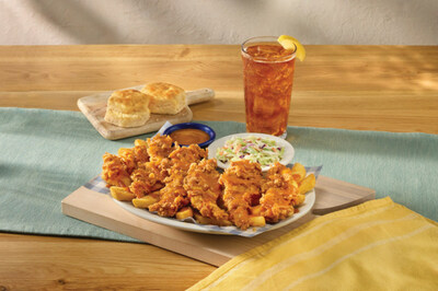 Cracker Barrel's new Golden Carolina BBQ Tenders are drizzled in a signature tangy and mildly sweet Golden Carolina BBQ sauce and served with choice of two Country Sides, plus, buttermilk biscuits or corn muffins.