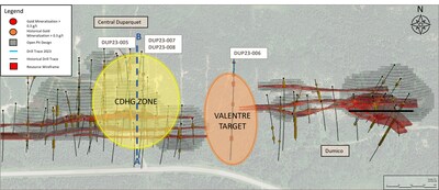 Figure 1: Vue en plan des cibles centrales de Duparquet en relation avec les schémas filaires des ressources et les plans des puits de ressources (section de la figure 2) (Groupe CNW/First Mining Gold Corp.)