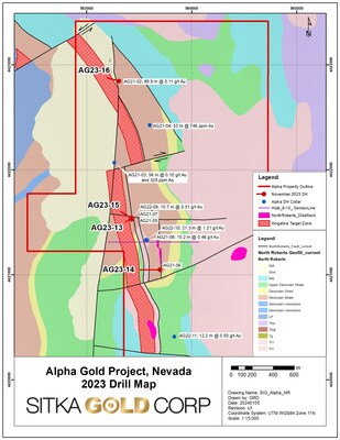 Figure 2: Plan map of 2023 drilling at Alpha Gold (CNW Group/Sitka Gold Corp.)