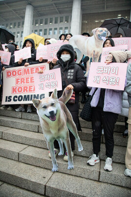 Supporters of a bill banning the dog meat trade gather at a rally in Seoul.