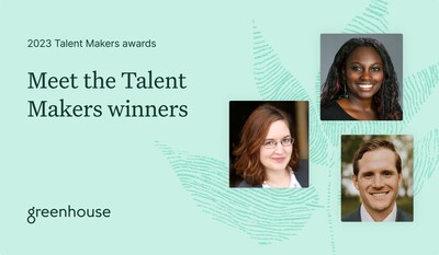 The Greenhouse 2023 Talent Makers award winners are Tasha Ridder, Director of Talent at Pine Gate Renewables, Rebecca Demarest Panzer, People Project Manager at IonQ, and Austin King, Executive Recruiter at Gong.