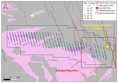 Figure 1 - Till Sample Grid at Opinaca Project with Lithium Values (CNW Group/Targa Exploration Corp.)