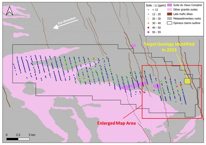 Figure 1 - Till Sample Grid at Opinaca Project with Lithium Values (CNW Group/Targa Exploration Corp.) Figure 1 - Till Sample Grid at Opinaca Project with Lithium Values (CNW Group/Targa Exploration Corp.)