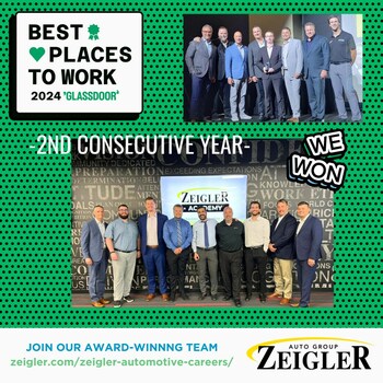 For a second consecutive year Zeigler Auto Group has taken home a Glassdoor Best Places to Work Award, this time for 2024 in the large US business category